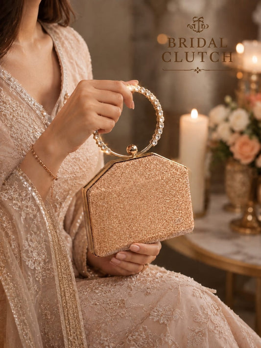 Crystal Ring Handle Geometric Hard-Case Bridal Clutch