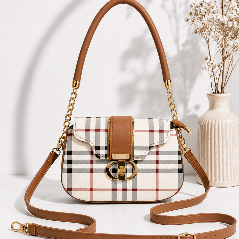Plaid Flap Saddle Bag With Chain Strap