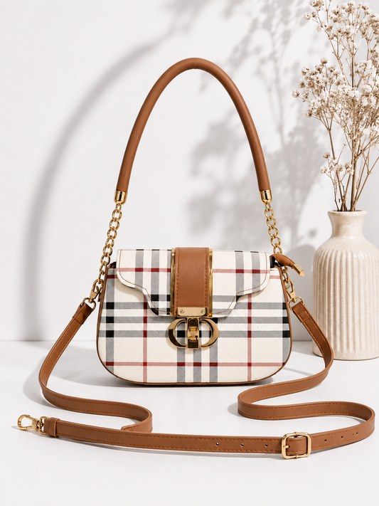 Plaid Flap Saddle Bag With Chain Strap