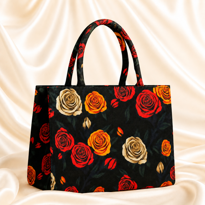 Rose Print Black Tote Bag