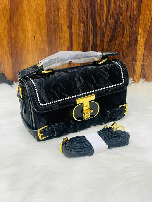 Textured Faux Leather Flap Bag with Gold Turn-Lock