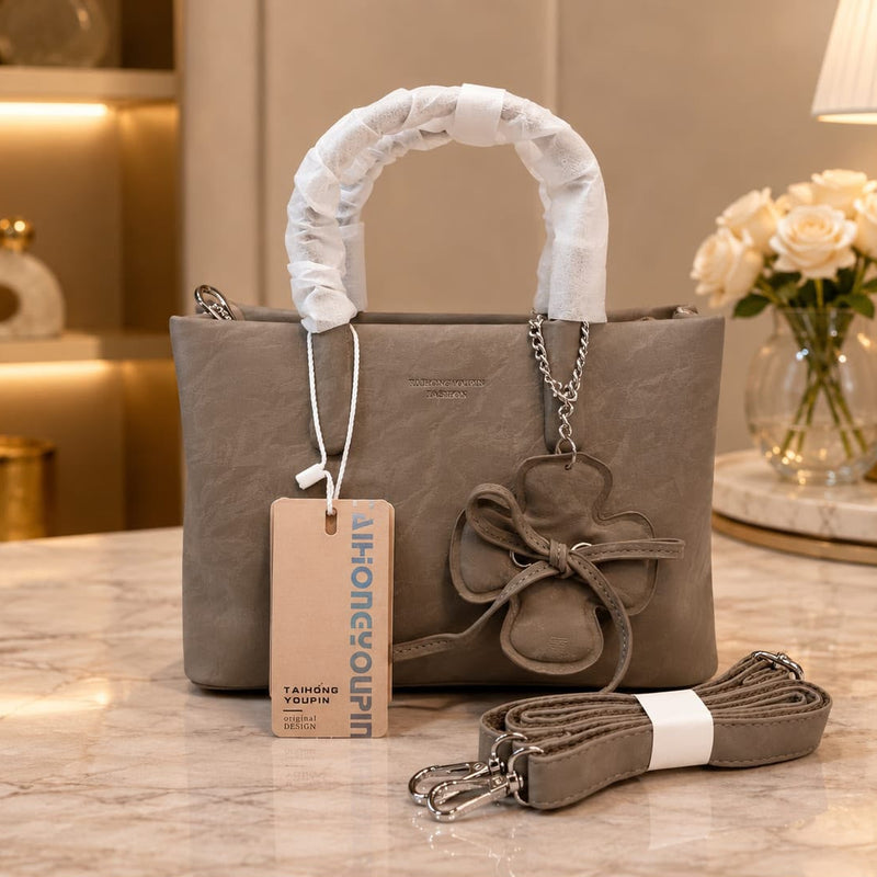 Textured Faux Suede Tote Bag with Flower Charm