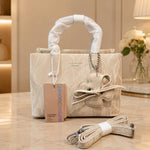 Textured Faux Suede Tote Bag with Flower Charm