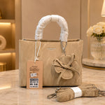 Textured Faux Suede Tote Bag with Flower Charm