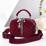 Quilted Velvet Crossbody Bag with Bear Charm & Printed Guitar Strap