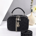 Quilted Velvet Crossbody Bag with Bear Charm & Printed Guitar Strap
