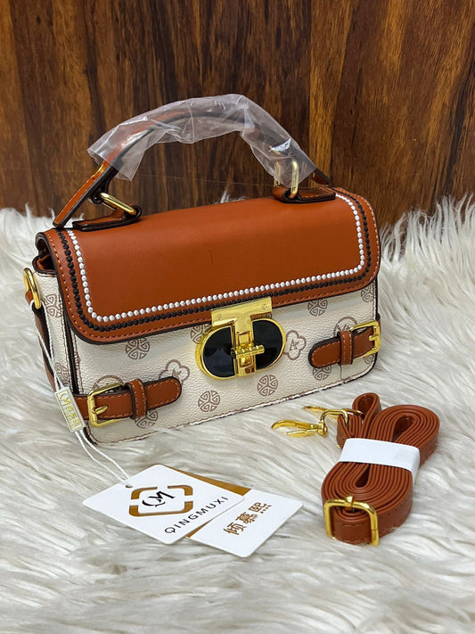 Premium Top-Handle Crossbody Bag with Pearl Stitched Flap