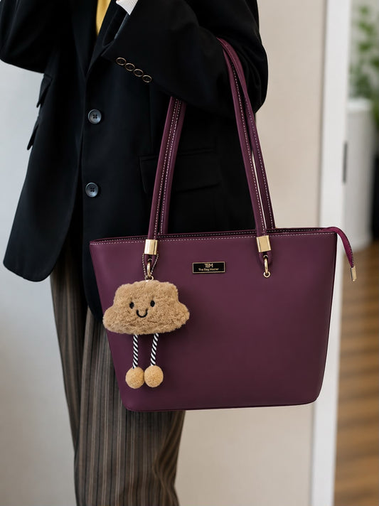Chic Tote Bag with Fluffy Bear Charm