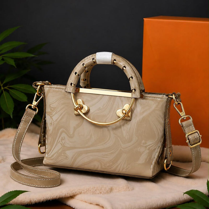 Marble Textured Ring-Handle Satchel & Crossbody Bag