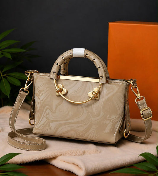 Marble Textured Ring-Handle Satchel & Crossbody Bag
