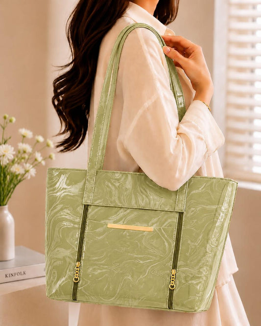 Marble Textured Double-Zipper Tote Bag