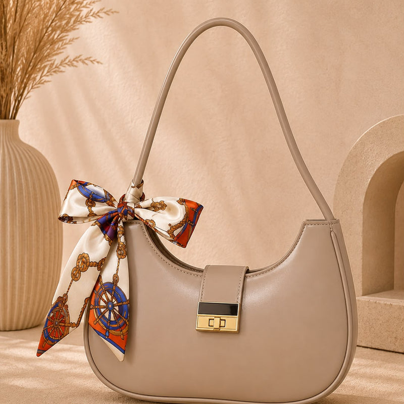 Chic Crescent Shoulder Bag with Scarf Accent