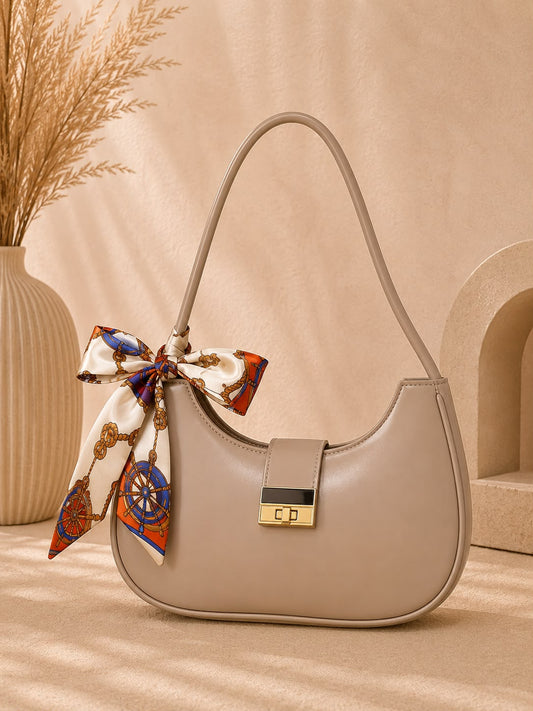 Chic Crescent Shoulder Bag with Scarf Accent