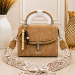 Chic Beaded Charm Textured Top-Handle Bag