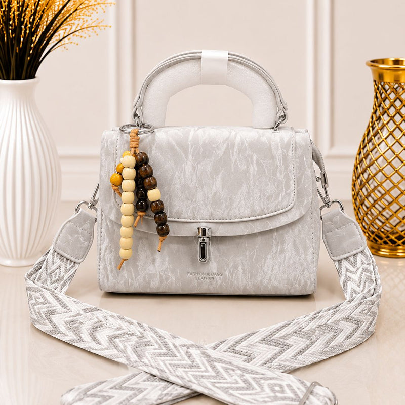 Chic Beaded Charm Textured Top-Handle Bag