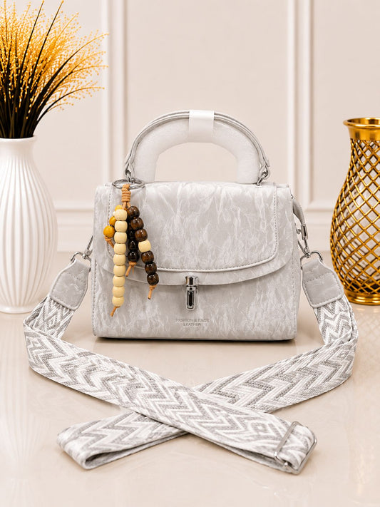 Chic Beaded Charm Textured Top-Handle Bag