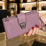 Floral Embroidered Multi-Zip Clutch Wallet