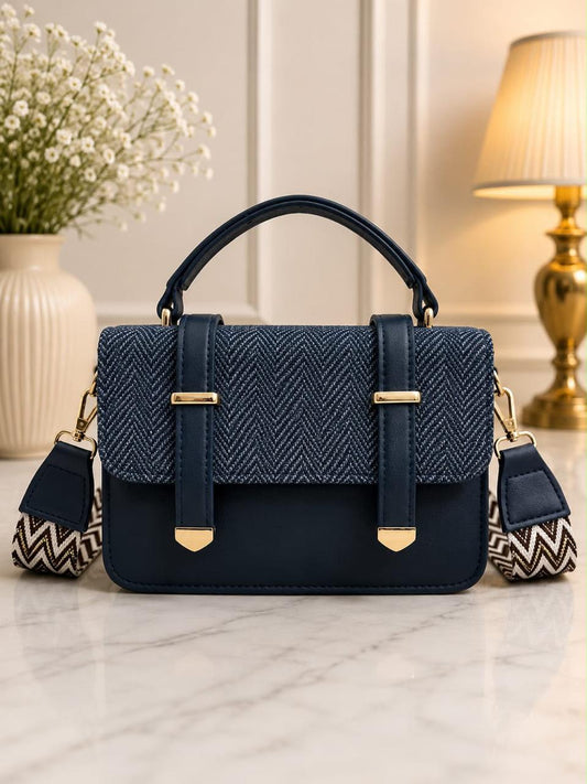 Chevron Tweed Flap Satchel With Patterned Strap