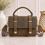 Chevron Tweed Flap Satchel With Patterned Strap