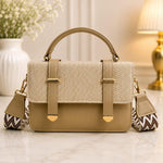 Chevron Tweed Flap Satchel With Patterned Strap