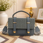 Chevron Tweed Flap Satchel With Patterned Strap