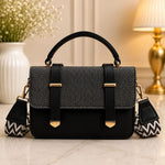 Chevron Tweed Flap Satchel With Patterned Strap