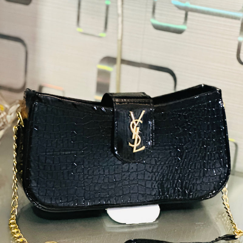 Croco Texture YSL Logo Chain Shoulder Bag