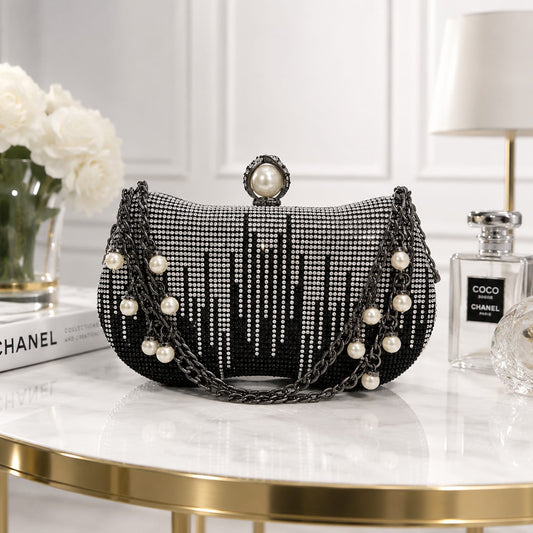 Royal Pearl-Embellished Crystal Hard-Case Clutch
