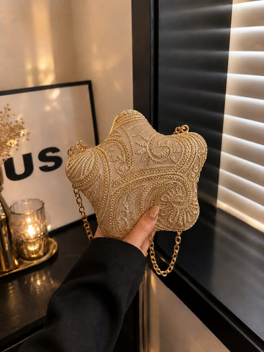 Gold Embroidered Star-Shaped Velvet Clutch - Pink