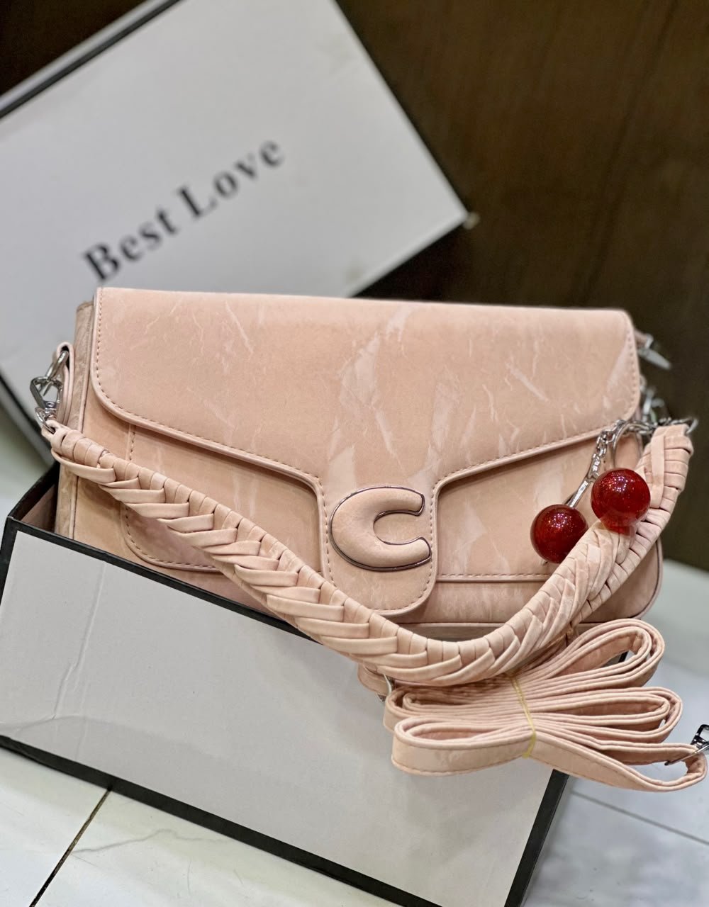 Crinkled Leather C-Logo Crossbody Bag