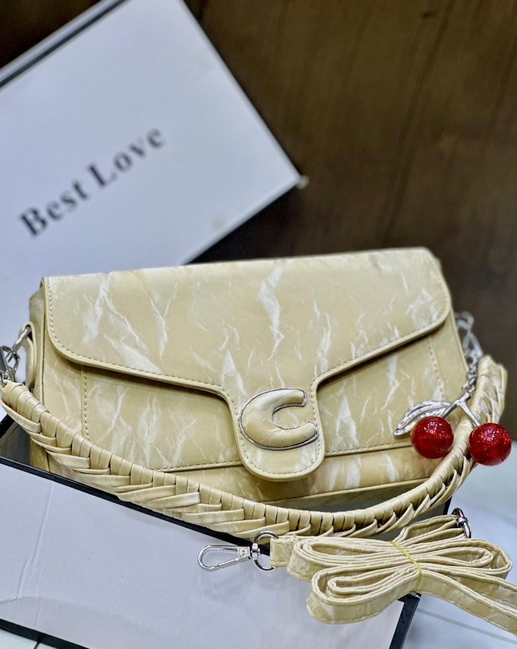 Crinkled Leather C-Logo Crossbody Bag