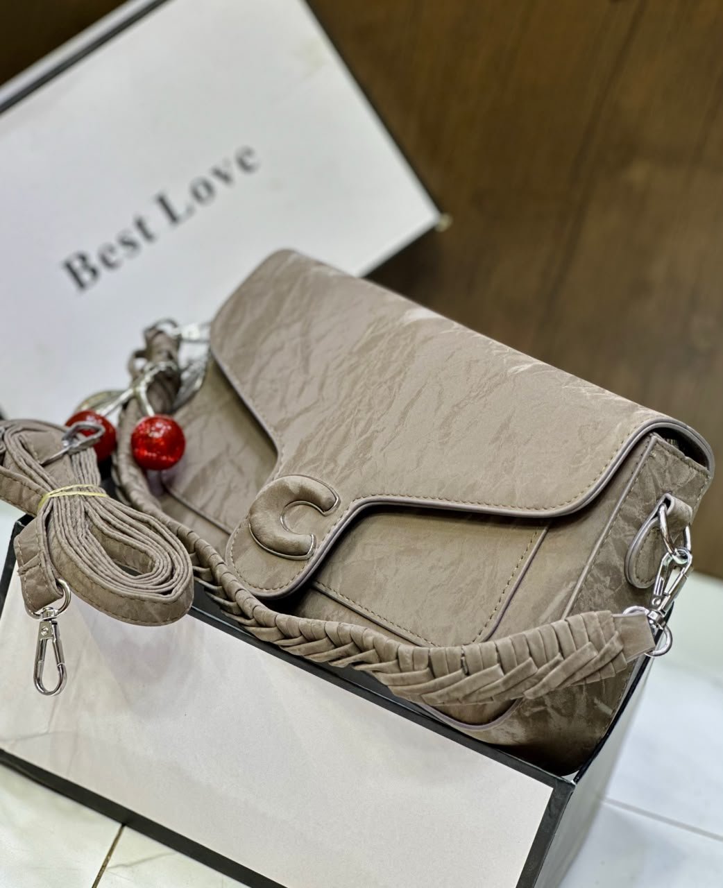 Crinkled Leather C-Logo Crossbody Bag