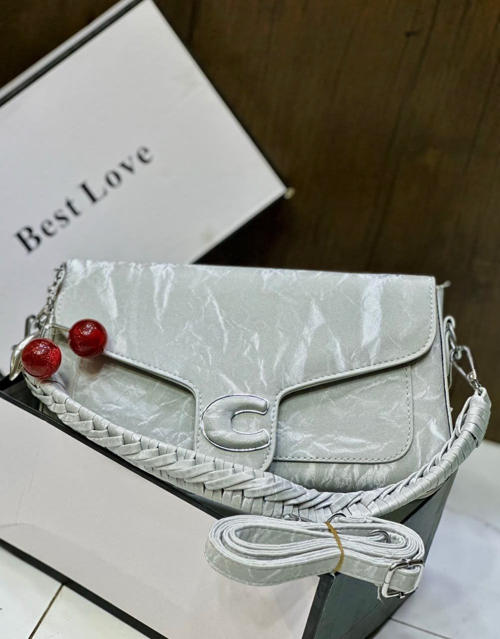 Crinkled Leather C-Logo Crossbody Bag