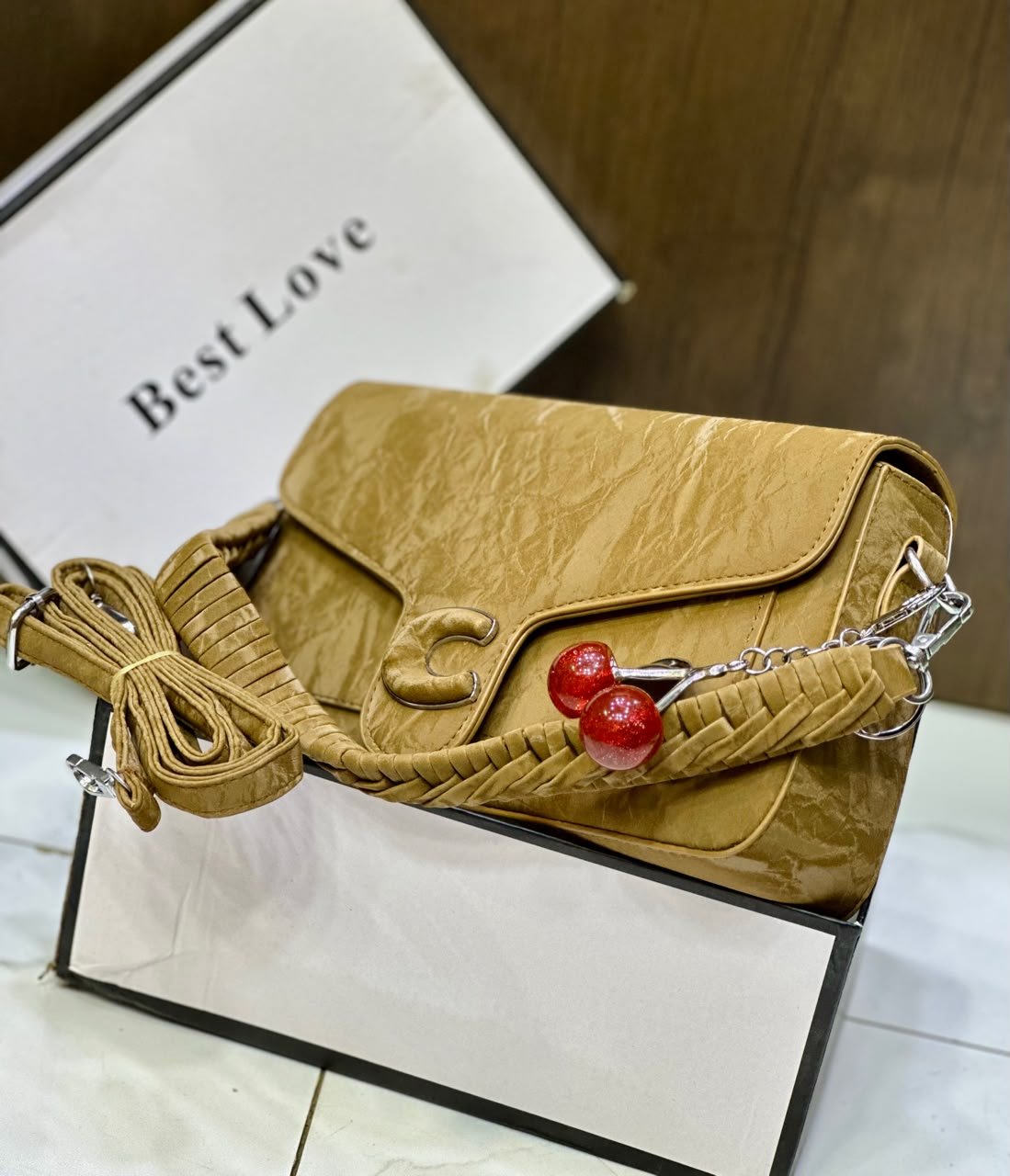 Crinkled Leather C-Logo Crossbody Bag