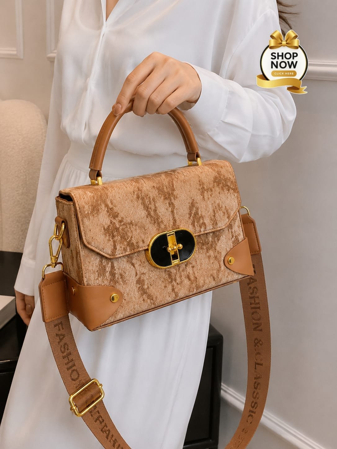 Textured Velvet Flap Top-Handle Bag