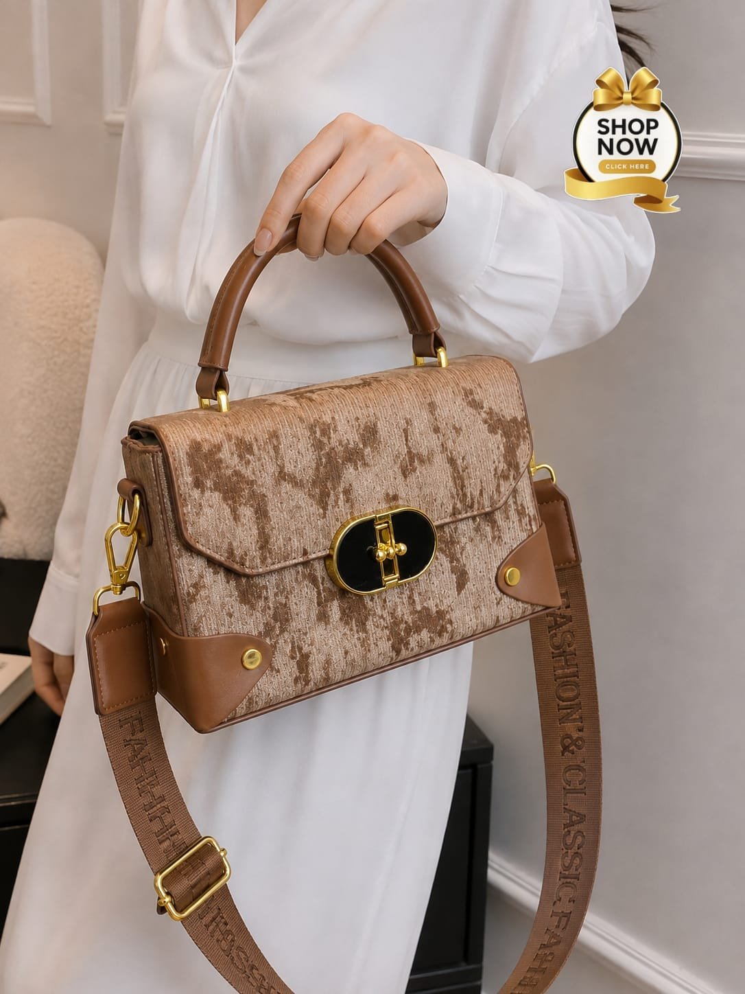 Textured Velvet Flap Top-Handle Bag