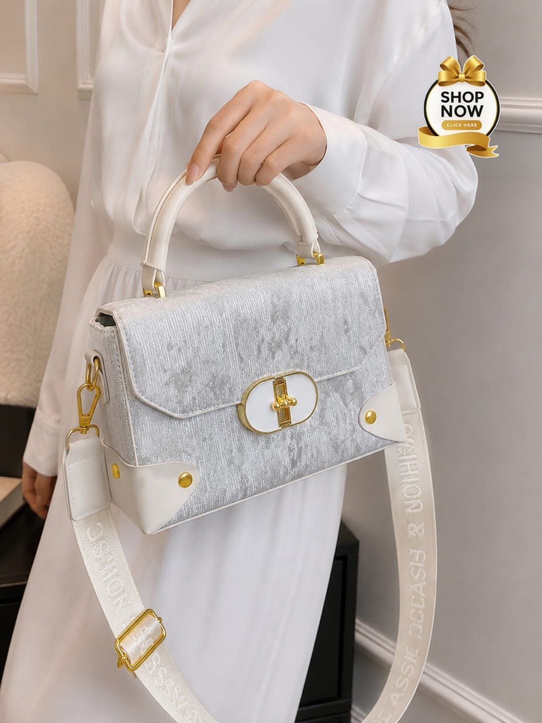 Textured Velvet Flap Top-Handle Bag