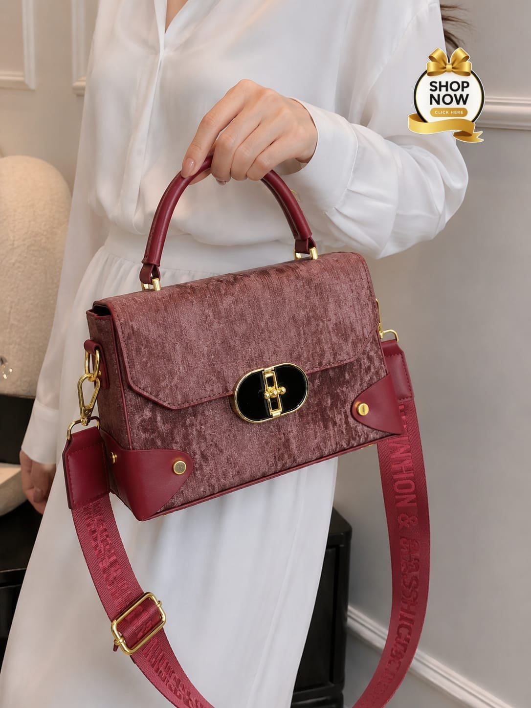 Textured Velvet Flap Top-Handle Bag