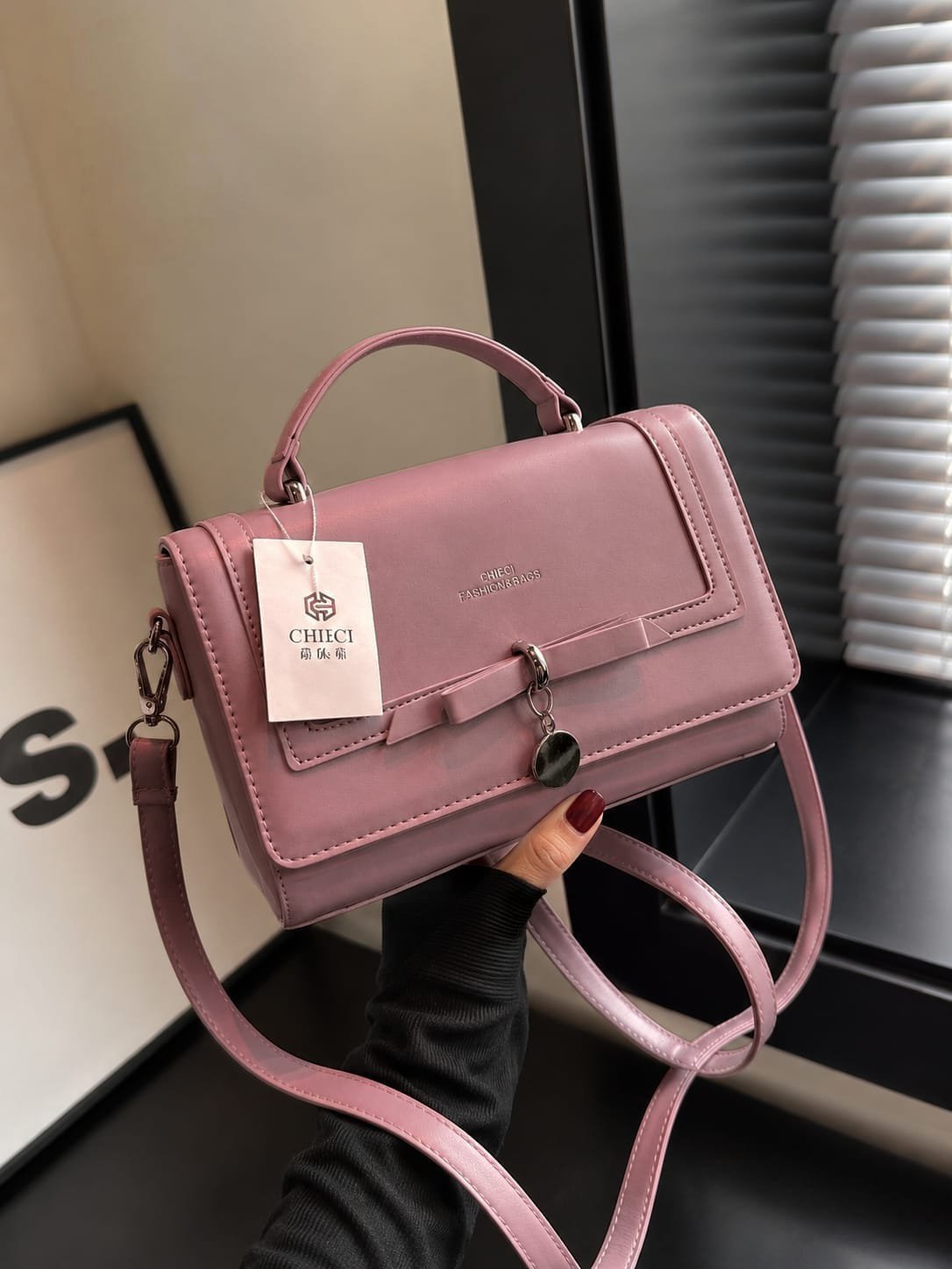 Elegant Leatherette Flap Shoulder Bag with Bow Detail