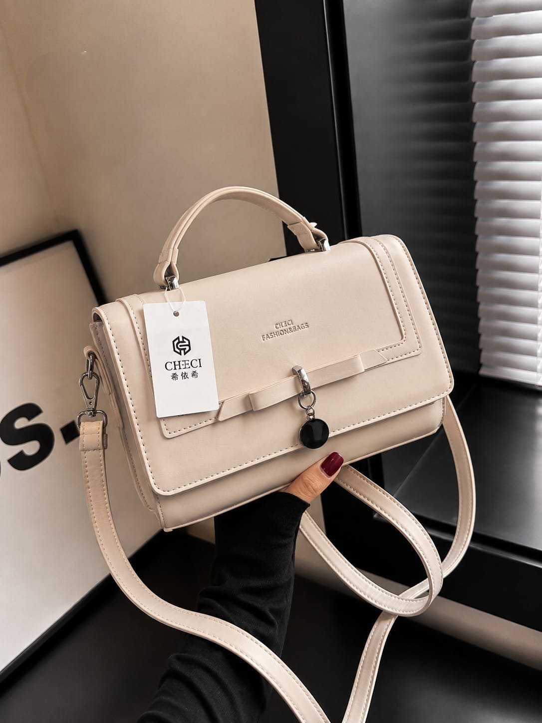 Elegant Leatherette Flap Shoulder Bag with Bow Detail