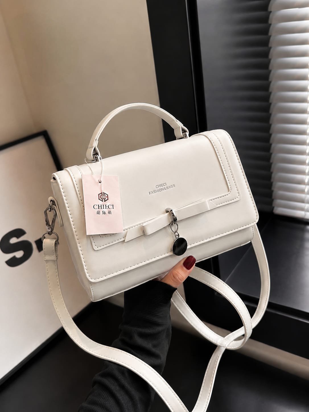 Elegant Leatherette Flap Shoulder Bag with Bow Detail