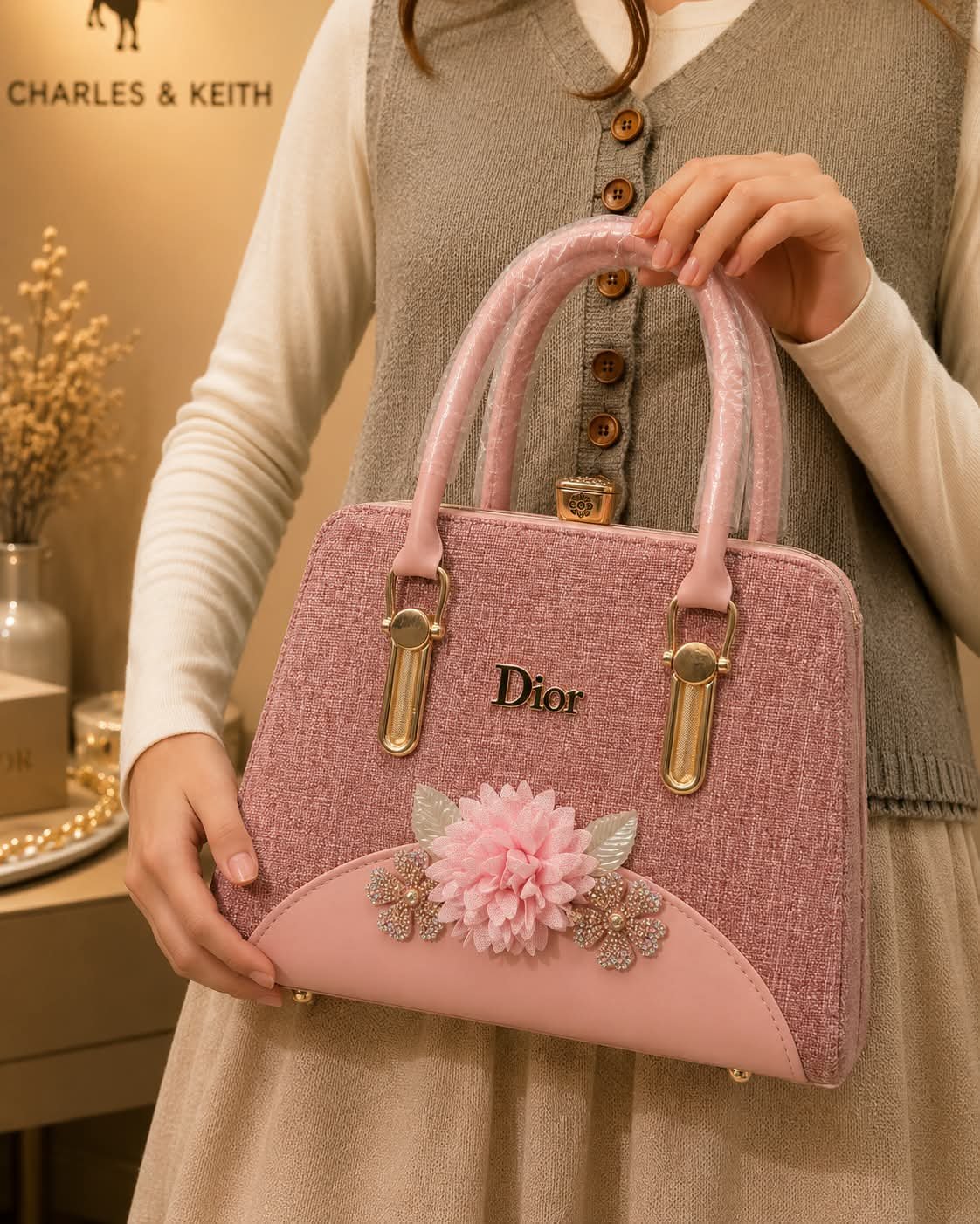 Floral Embellished Tweed Frame Handbag