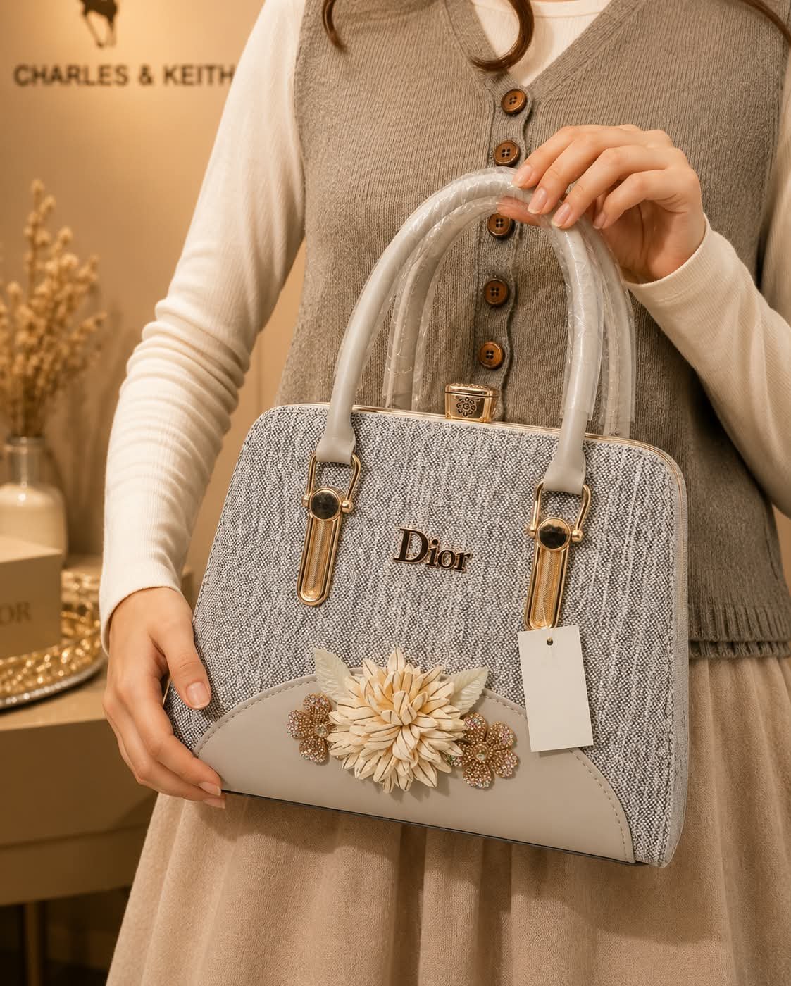 Floral Embellished Tweed Frame Handbag