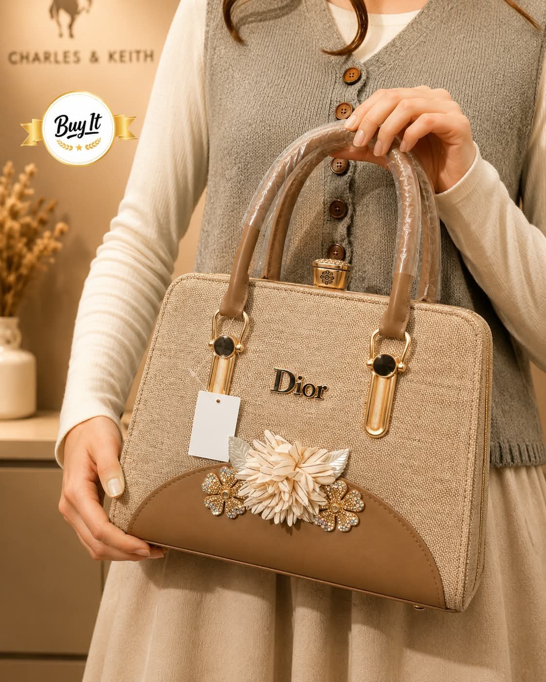 Floral Embellished Tweed Frame Handbag