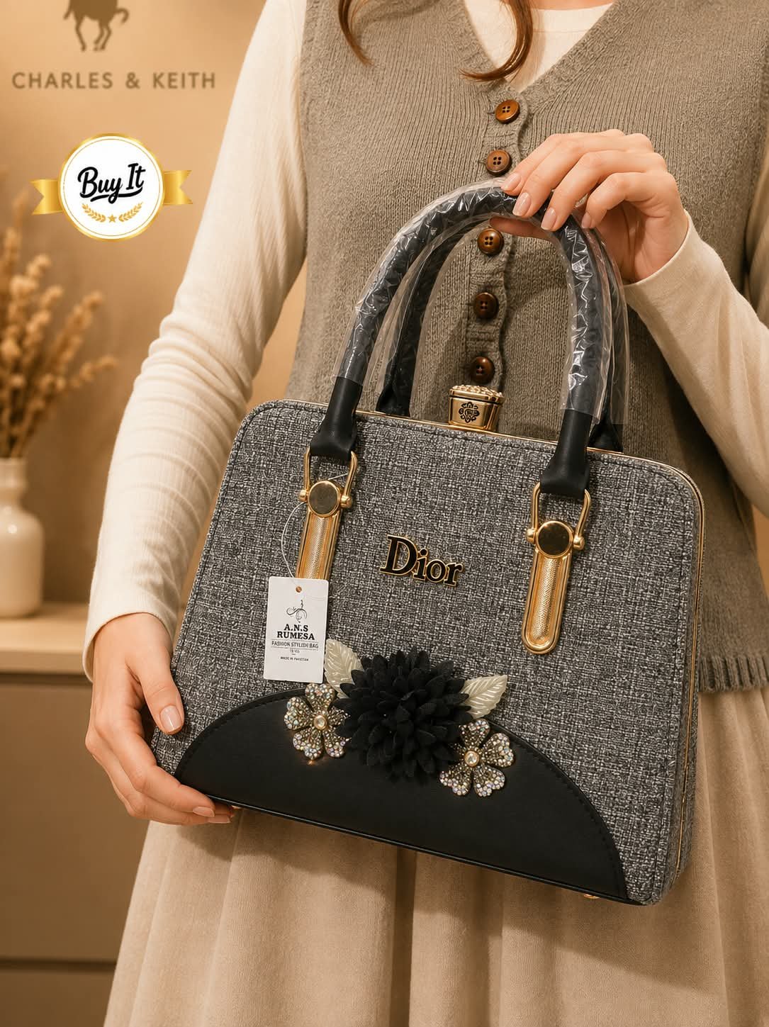 Floral Embellished Tweed Frame Handbag