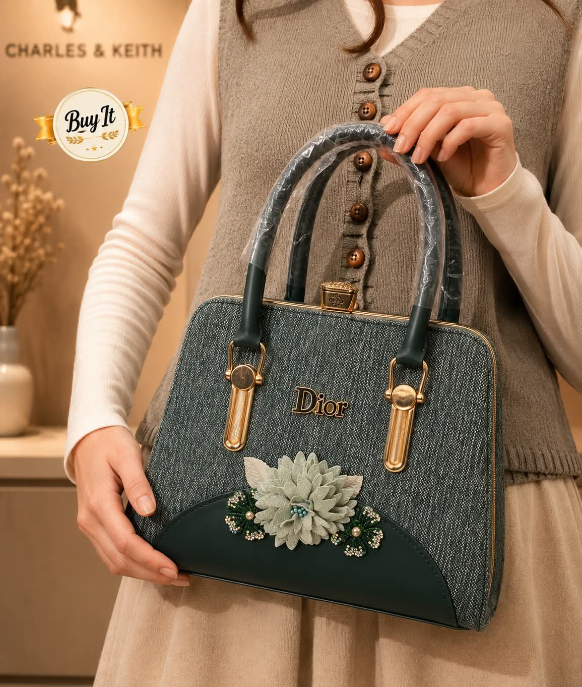Floral Embellished Tweed Frame Handbag