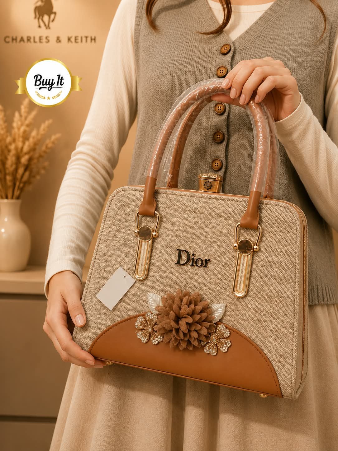 Floral Embellished Tweed Frame Handbag