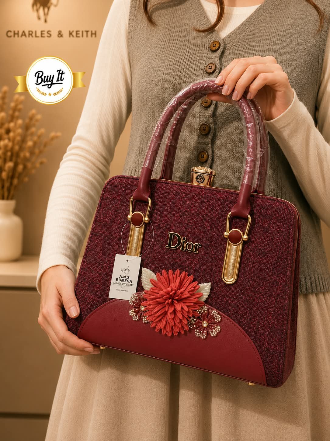 Floral Embellished Tweed Frame Handbag