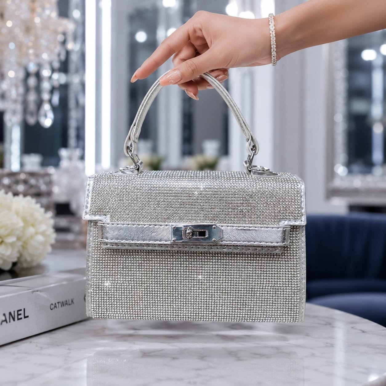 Sparkling Rhinestone Mini Kelly-Style Top-Handle Bag