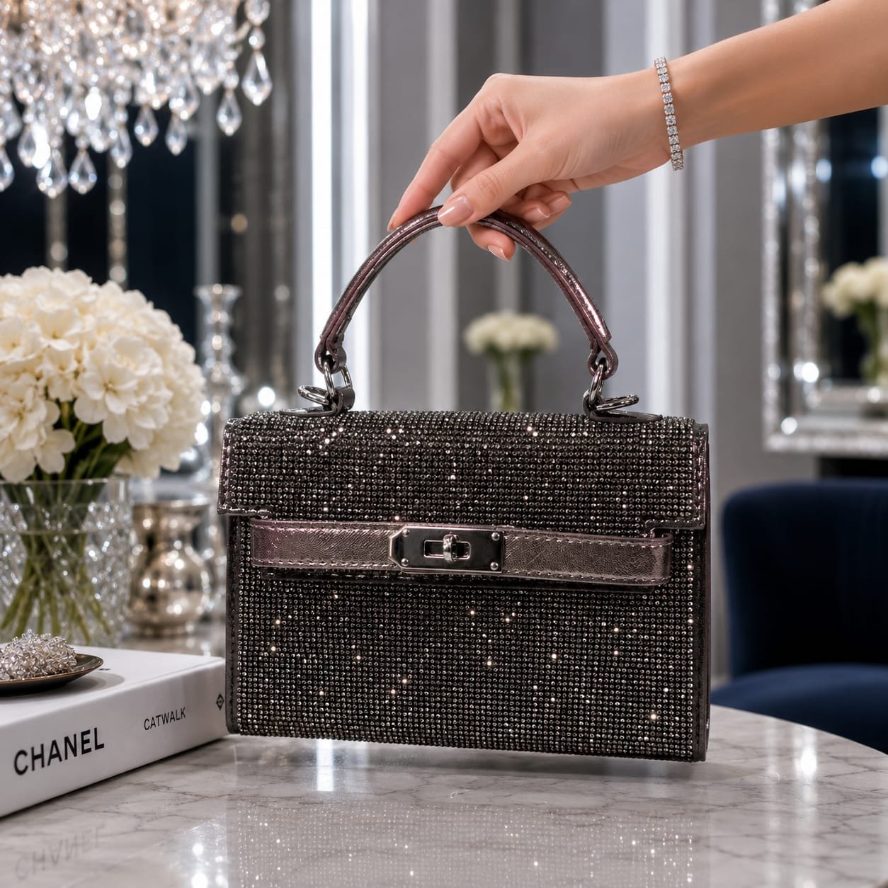 Sparkling Rhinestone Mini Kelly-Style Top-Handle Bag